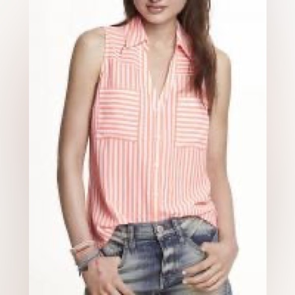 New Collared portofino button down sleeveless chiffon shirt bright peach/white m - Picture 3 of 6